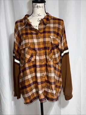 SO Brown and Gold Plaid Button-Down Shirt with Knit Sleeves